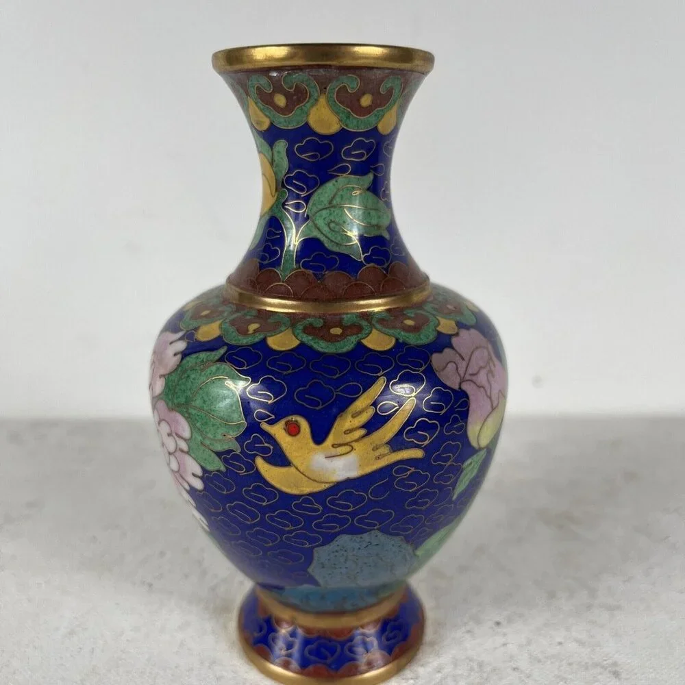 Vintage Deep Blue and Pink Cloisonne Vase Asian Style Peony Flower‎ Gold Accents